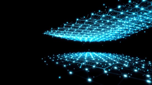 Bright blue network connects points. Futuristic design suggests data streams, digital space, complex systems. Minimalist aesthetic, dark background.