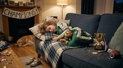 Obraz premium Tired Champion's Slumber: A young champion, still in sports gear, slumbers peacefully on a sofa, surrounded by remnants of a joyous celebration. A loyal companion rests nearby.