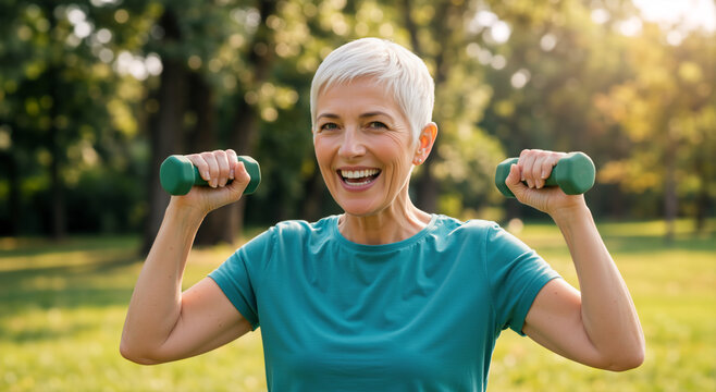 Smiling senior woman exercising with green dumbbells in a park. Active older adult lifting weights outdoors. Healthy lifestyle and fitness concept