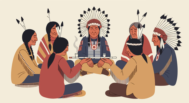 A group of Native Americans sitting in a circle sharing a ceremonial peace pipe