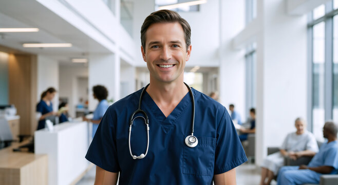 Confident male doctor in blue scrubs with stethoscope. Middle aged healthcare professional smiling in busy hospital clinic. Medical staff portrait