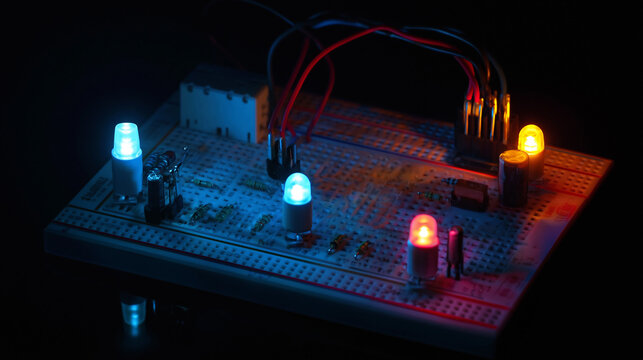 Electronics Prototyping: Circuit Board Design with Blue and Orange LED Lighting Effects on a Breadboard Assembly