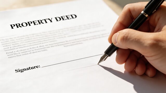 A person signing a property deed with a pen on a table indoors, a significant moment in real estate transactions and home ownership.