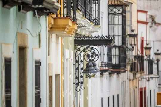 Details of the facades of a typical street in Zafra, Badajoz, Extremadura, Spain