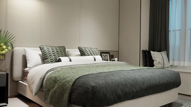 Modern minimalist bedroom interior with neatly arranged bedding and decorative elements