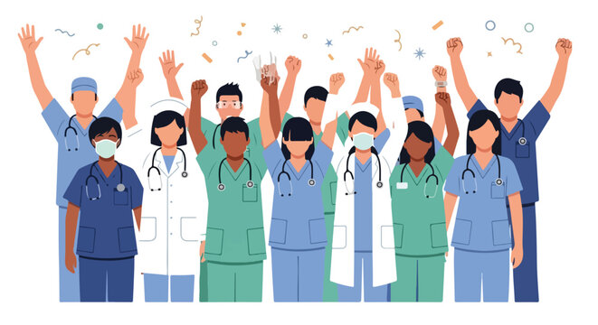Diverse medical team celebrating victory with raised hands and falling confetti