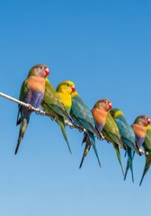 Fototapeta premium Colorful lovebirds are perched together on a wire against a clear blue sky.