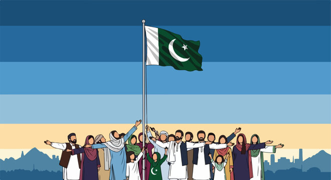 Pakistani crowd in traditional dress under a flag with a striped sky background