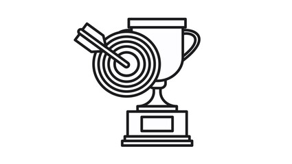Professional black line vector icon illustration of a trophy cup award with a target and arrow hitting the bullseye, symbolizing business success, achievement, goal setting, and winning results. © Shakib