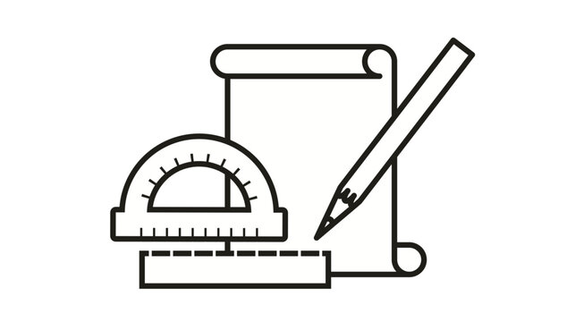 Drafting tools vector icon featuring a paper scroll, protractor, ruler, and pencil. Minimalist black line illustration for architecture, engineering, technical drawing, and education design.