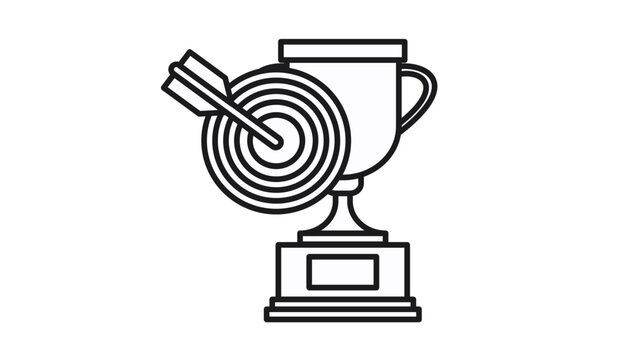 Professional black line vector icon illustration of a trophy cup award with a target and arrow hitting the bullseye, symbolizing business success, achievement, goal setting, and winning results.