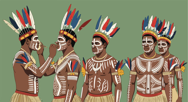 Group of indigenous men with tribal body paint and colorful feather headdresses