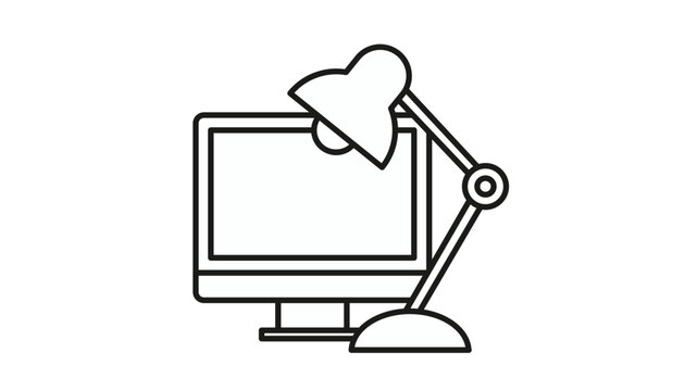 Minimalist black vector icon illustration of a computer monitor and a classic adjustable desk lamp, symbolizing a workspace, home office, study area, or digital design environment.