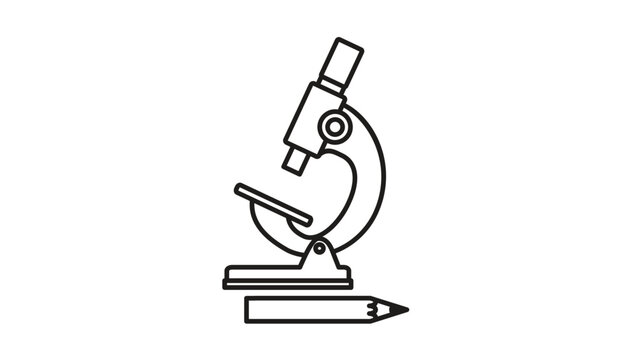 Minimalist black line art vector illustration of a microscope and a pencil, symbolizing science, education, laboratory research, and academic study. Clean outline icon for school and discovery.