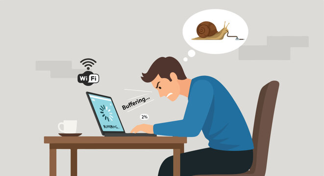 Angry man frustrated by slow buffering internet and low Wi-Fi speed on laptop