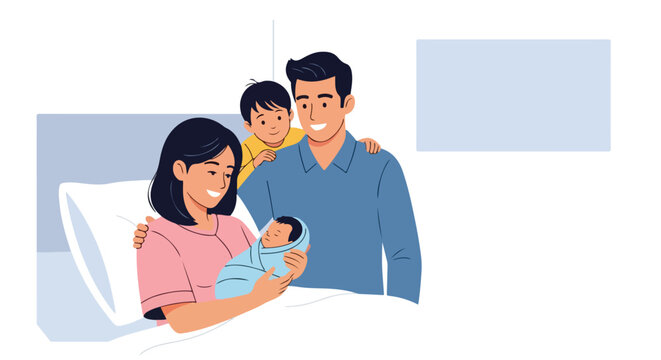Happy family with a newborn baby in a hospital room celebrating a new birth