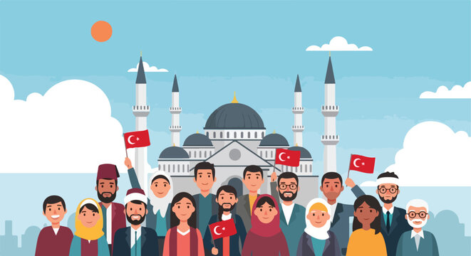 Diverse Turkish people waving national flags in front of a grand mosque