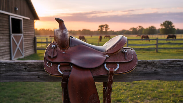 Brown leather western saddle with floral tooling on a wooden fence. Traditional horse ranch at sunset. Equestrian equipment in rural farm setting