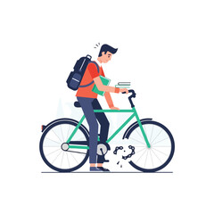 Fototapeta premium A student with backpack looking sad at his green bike with a broken metal chain