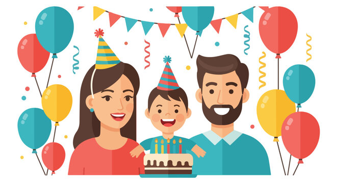 A happy family celebrates a child's birthday with cake, balloons and party hats