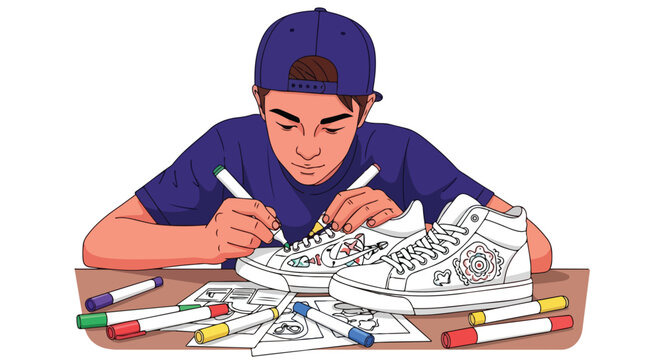 Young boy in purple cap customizing white canvas sneakers using vibrant markers