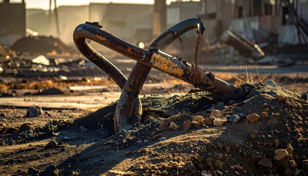 Twisted metal strut, bent and scarred, protruding from a mound of earth amidst industrial decay.
