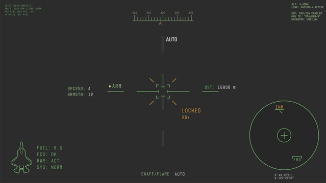 War strike aircraft pod camera viewfinder overlay. Template for military battle plane or drone video. Camera frame template. Green lines Ui on background. Realistic combat targeting combat frame. 