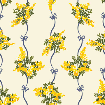 Yellow mimosa floral stripe with blue ribbon for textile print for fabric, seamless pattern with spring botanical elegance