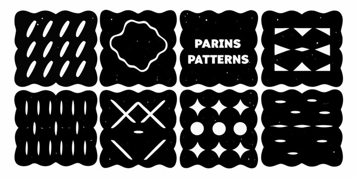 A grid of black and white abstract patterns and a parins patterns text