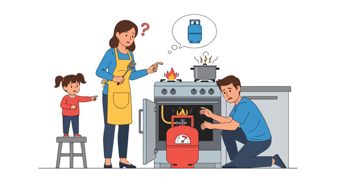 Family panics as a gas cylinder leaks near a kitchen stove with an active flame