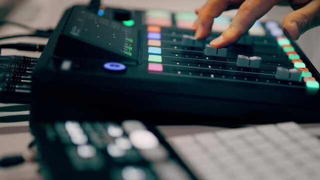 mixer pushing fader audio soundboard professional music studio equipment. Sound engineer adjusting volume levels mixing console recording session