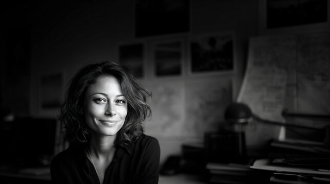 black and white portrait of smiling female entrepreneur at office desk, candid everyday businesswoman portrait in soft light