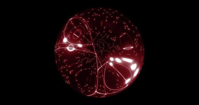 Seamless loop. An abstract luminous sphere demonstrates the dynamic motion of particles moving in a circle. The internal structure of many intertwining lines and dots alternately disintegrates and ref
