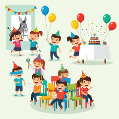 Fototapeta premium Happy children celebrate a festive birthday party with games, balloons and cake