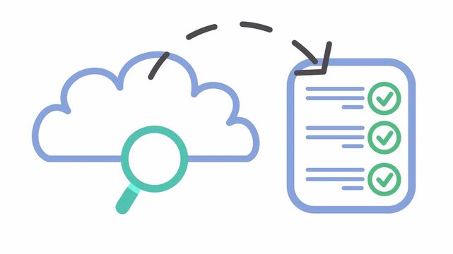 Approved checkmark on cloud search icon with document sync and verified checklist isolated in alpha channel. Minimalist digital audit document and data verification symbol for online storage files.