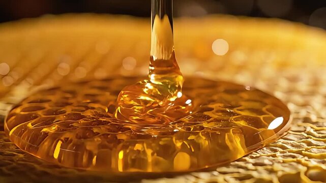 Extreme Macro of Golden Honey Dripping on Honeycomb