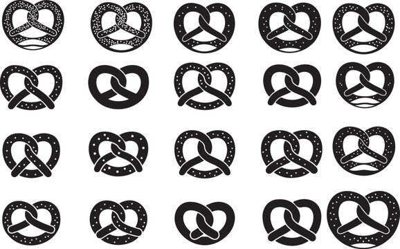 Black pretzel shapes arranged in a grid on White background. Silhouette Vector pretzel shapes