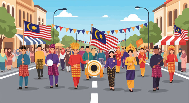 Traditional attire parade celebrating Malaysian independence day in city streets