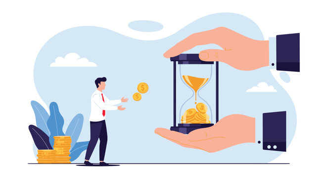 Businessman catching gold coins falling from a giant hourglass held by large hands symbolizing time is money and efficient wealth management.