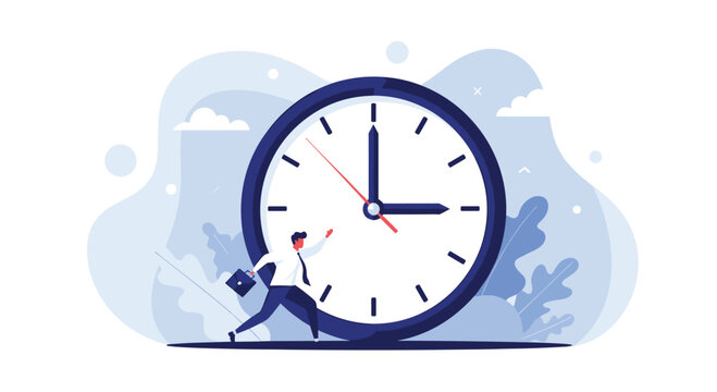 Stressed businessman attempting to hold back a giant rolling clock representing tight deadlines, time pressure, and struggle with time management.