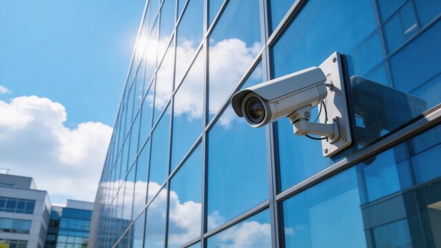 A security camera is installed on a modern glass building, reflecting a blue sky with clouds, showcasing a blend of technology and urban architecture.