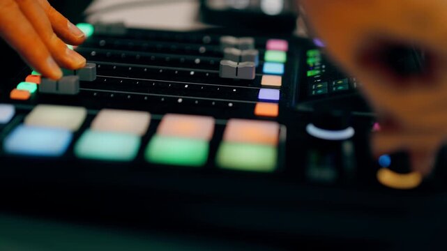 Finger pushing fader audio mixer soundboard professional studio equipment. Music producer adjusting volume level mixing console recording studio. Close up sliding potentiometer control panel