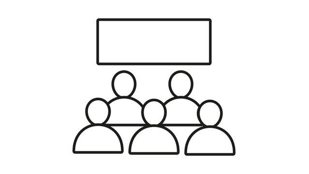 Black and white vector icon of an audience sitting in front of a large screen, representing a cinema movie theater, business presentation, educational lecture, or seminar group illustration.
