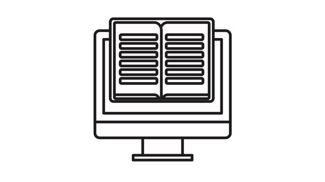 Online education and e-learning vector icon featuring an open book on a computer monitor screen. Minimalist black line art illustration for digital library, distance learning, and web design.