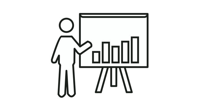 Business presentation vector icon illustration featuring a person pointing to a flipchart with a bar graph and rising arrow, representing growth, success, data analysis, and education.