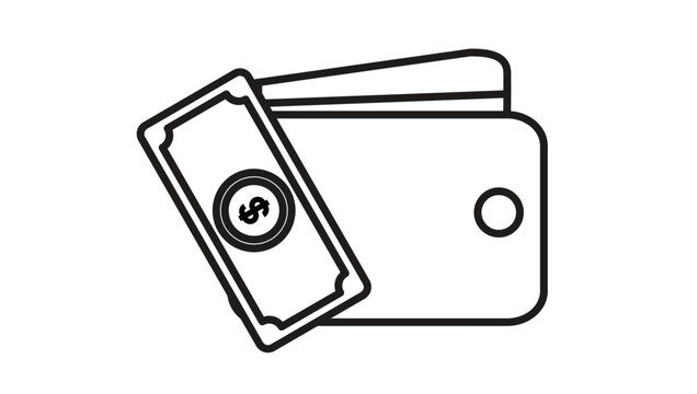Minimalist black line art vector icon illustration of a wallet containing credit cards with a dollar bill in front, symbolizing finance, money, savings, payment, and banking concepts.