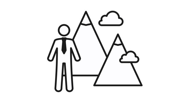 Minimalist black line art vector icon illustration of a businessman standing before mountains and clouds, symbolizing ambition, career goals, leadership, overcoming challenges, and success.