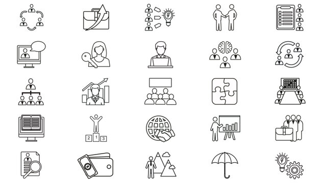 Business and Professional Vector Icon Set: 25 Minimalist Black Silhouette Symbols for Teamwork, HR Recruitment, Career Growth, Finance, Leadership, Education, Innovation, and Global Partnership.