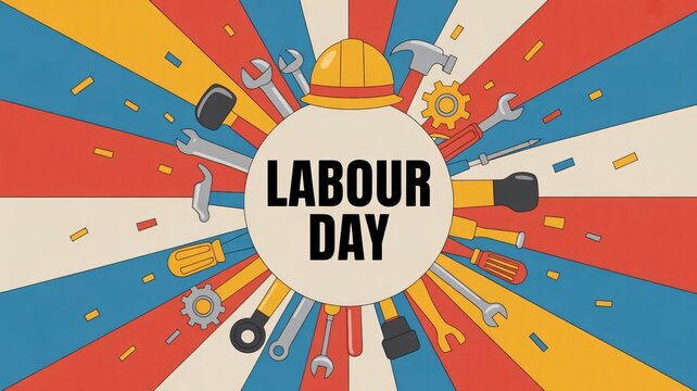 International Labour Day horizontal banner with industrial tools, construction safety helmet and gears on retro sunburst background