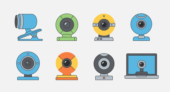 Colorful flat design vector icons of various desk lamps.